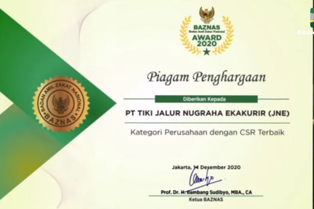 JNE Raih Penghargaan Baznas Award Sebagai Perusahan CRS Terbaik