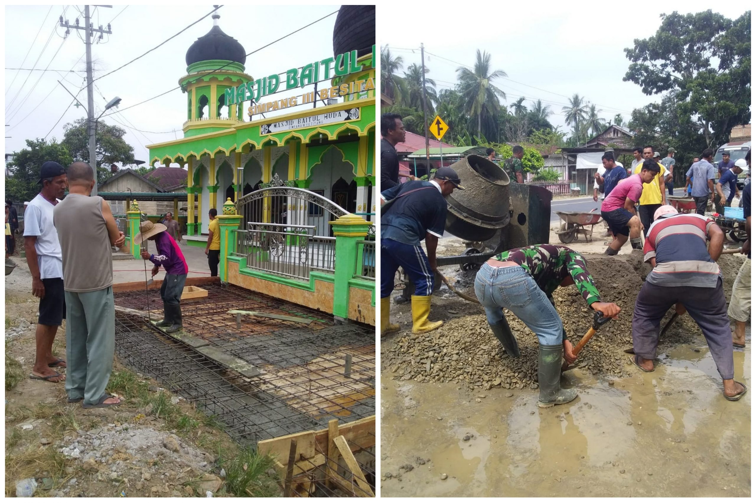 Warga dan Koramil 14 Gotong Royong Bangun Tempat Parkir di Mesjid Baitul Huda Besitang