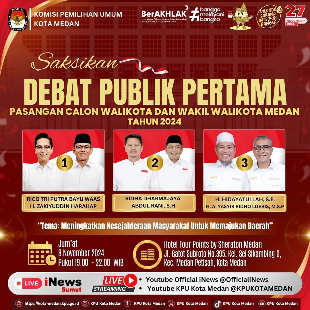 KPU Medan Gelar Debat Pertama Calon Wali Kota dan Wakil Wali Kota Besok